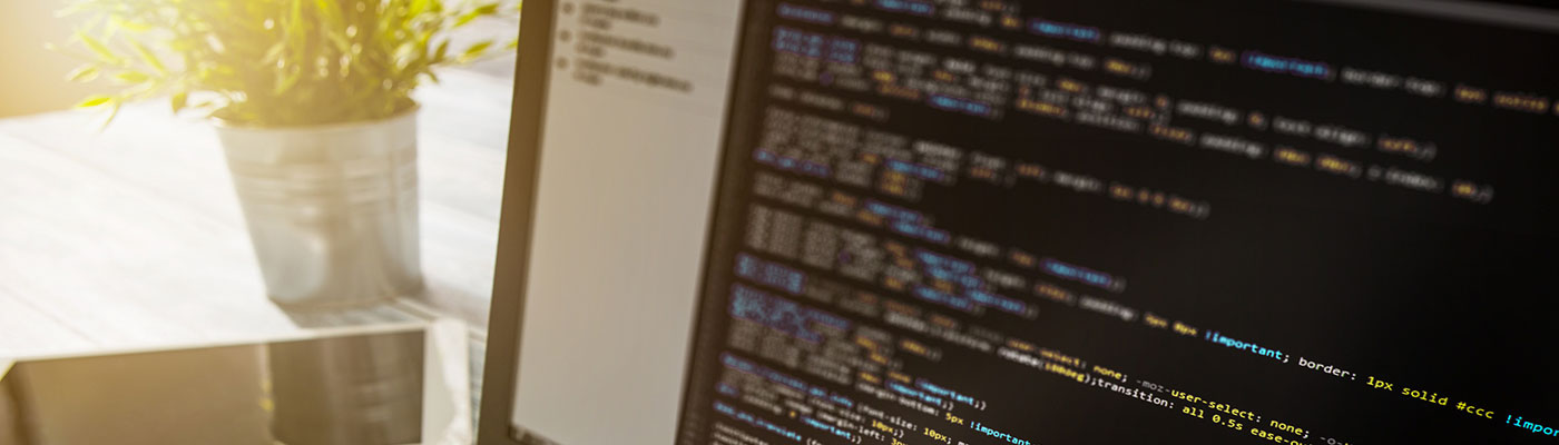 Softwareentwickler sitzt vor Computer, auf dem Code zu sehen ist