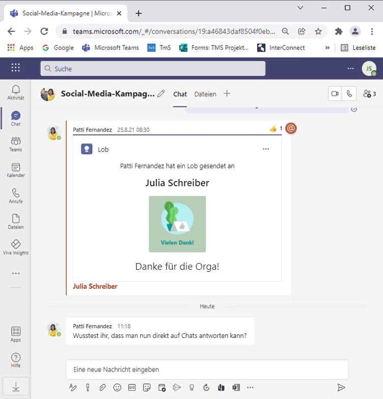 Antwortfunktion in Microsoft Teams